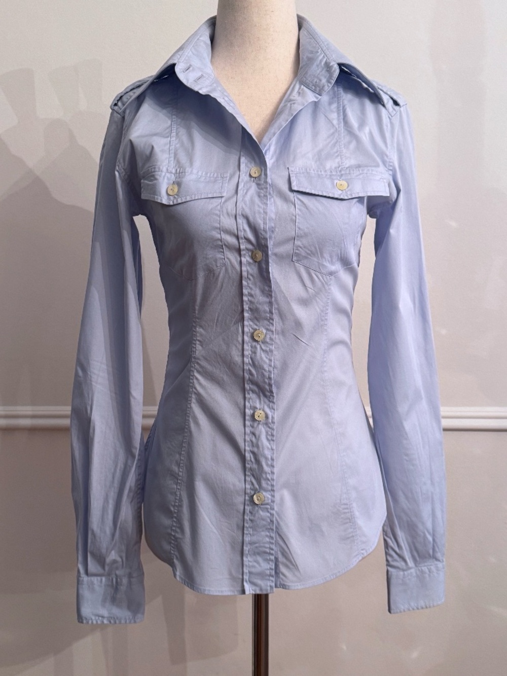 Dolce & Gabbana Light Blue Cotton Stretch Epaulette Chest Pocket Fitted Shirt 40
